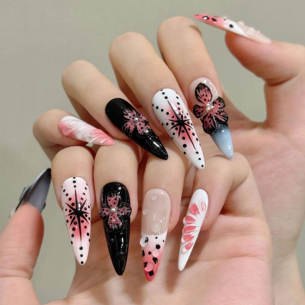 Gothic Y2K Press On Nails | 3D Carved Flower False Nails 10pcs