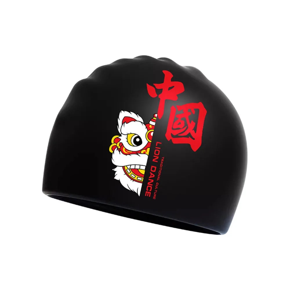 Lion Dance Waterproof Silicone Swimming Cap – Adult Long Hair