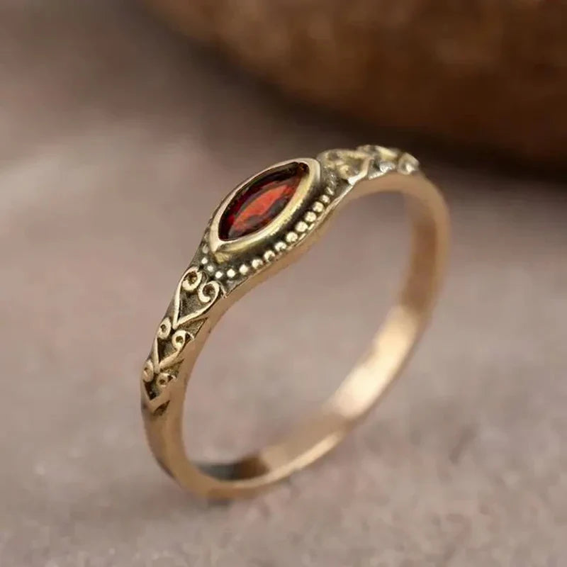 Huitan Vintage Gold-Tone Garnet Marquise CZ Ring | Women