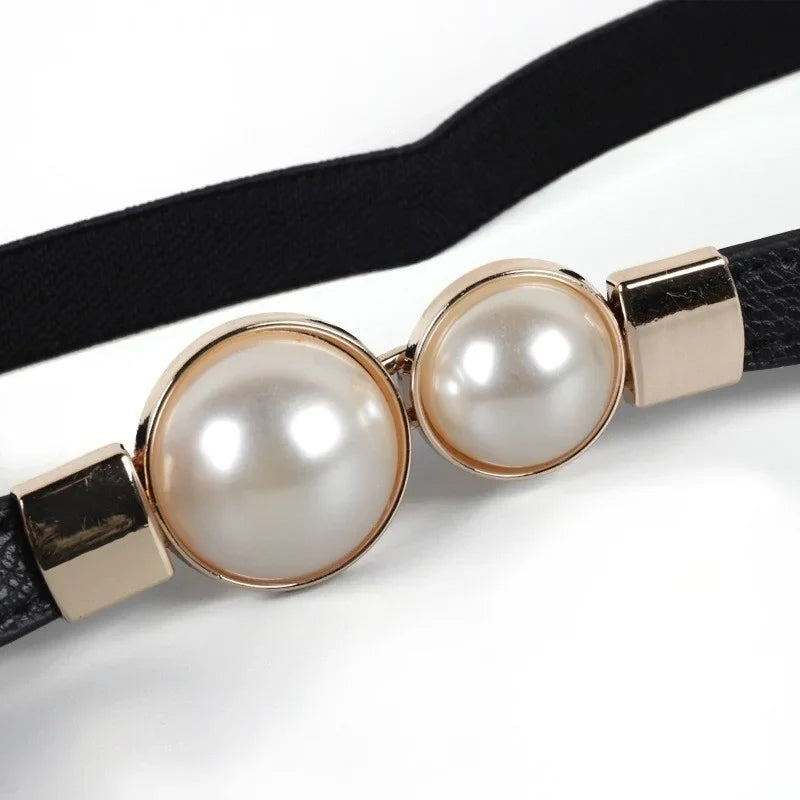 Elegant Double Pearls Buckle Elastic Women Belts Thin Straps Lady