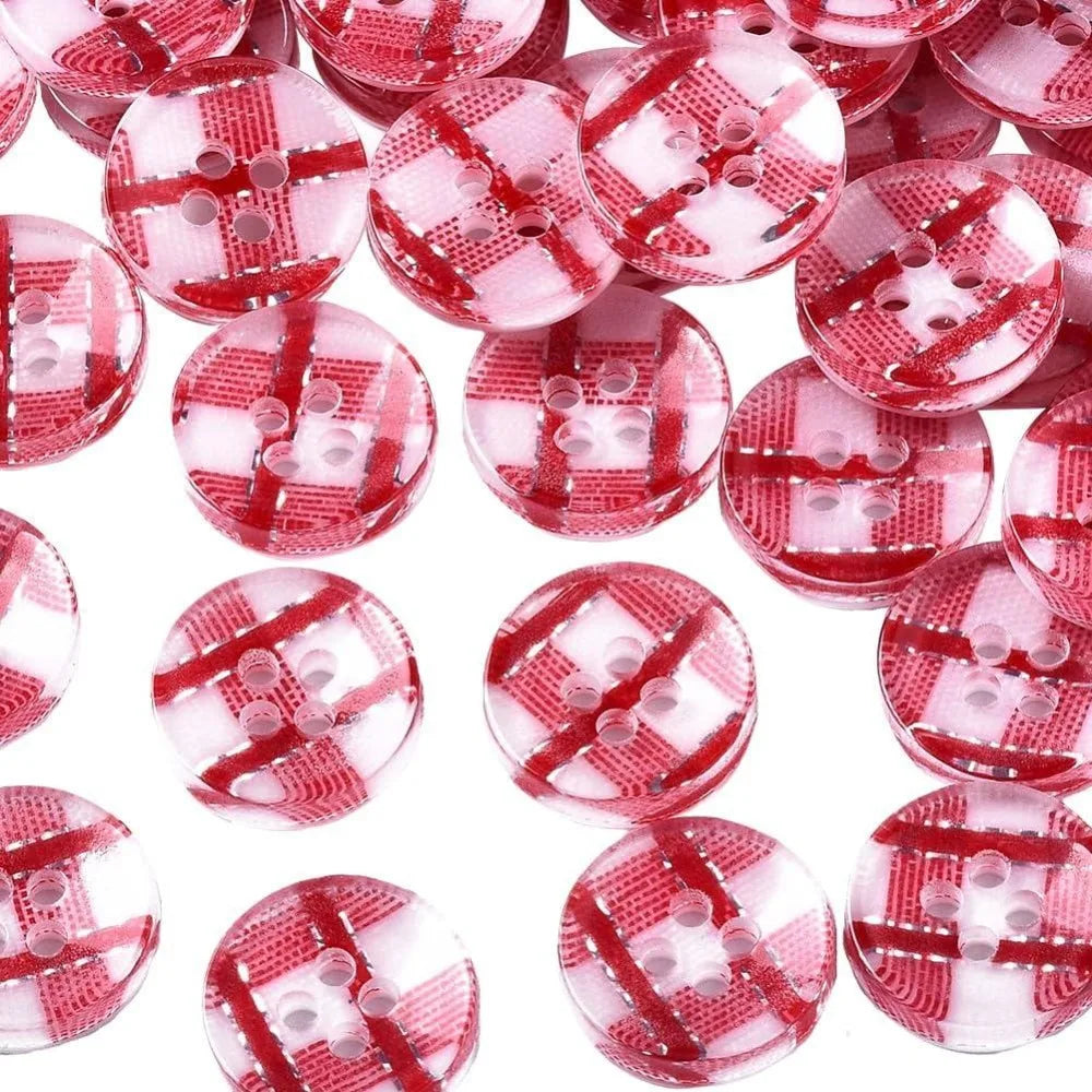 100Pcs Red Buffalo Plaid Resin Buttons – 1/2 Inch 4-Hole Bulk