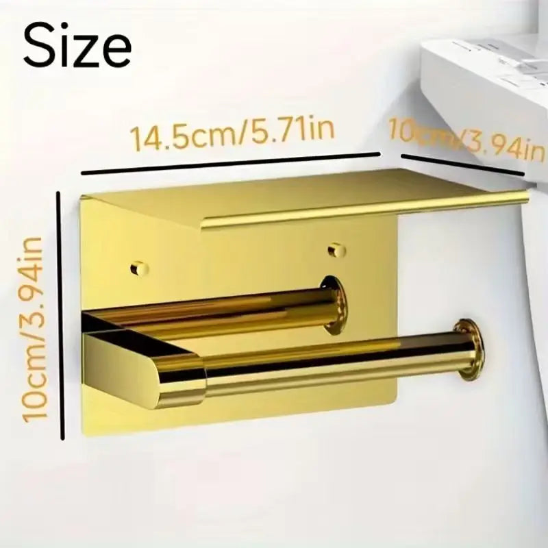 Golden Toilet Paper Holder with Phone Shelf | No-Drill Mount