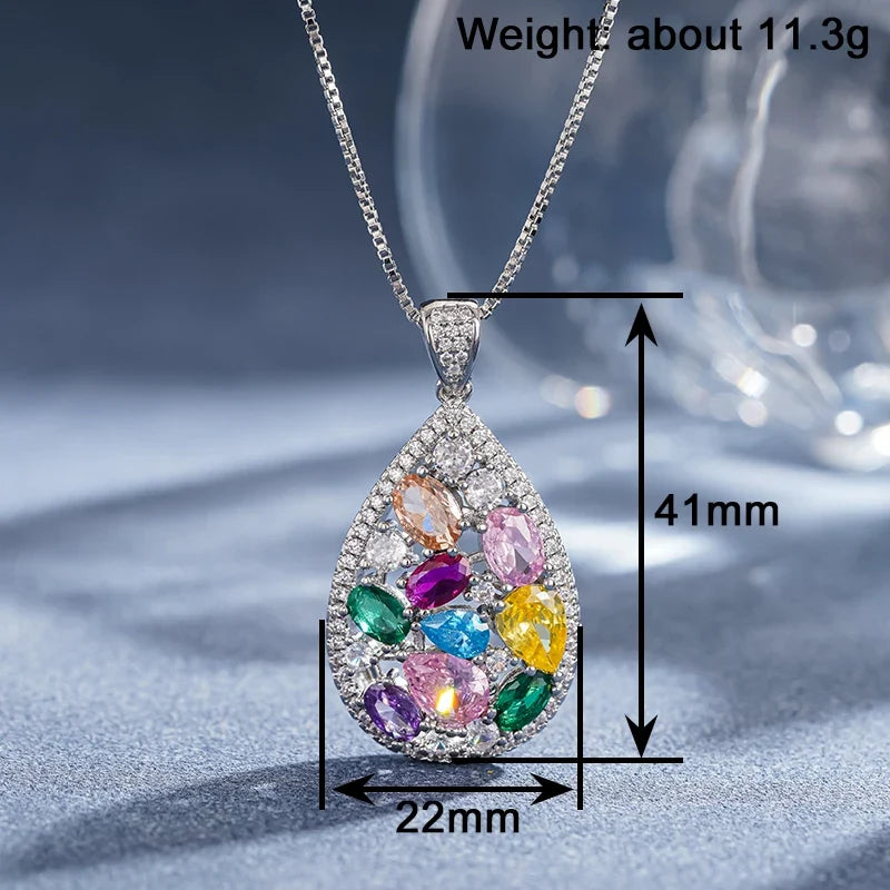 Huitan Pear Pendant Necklace – Colorful Cubic Zirconia Silver