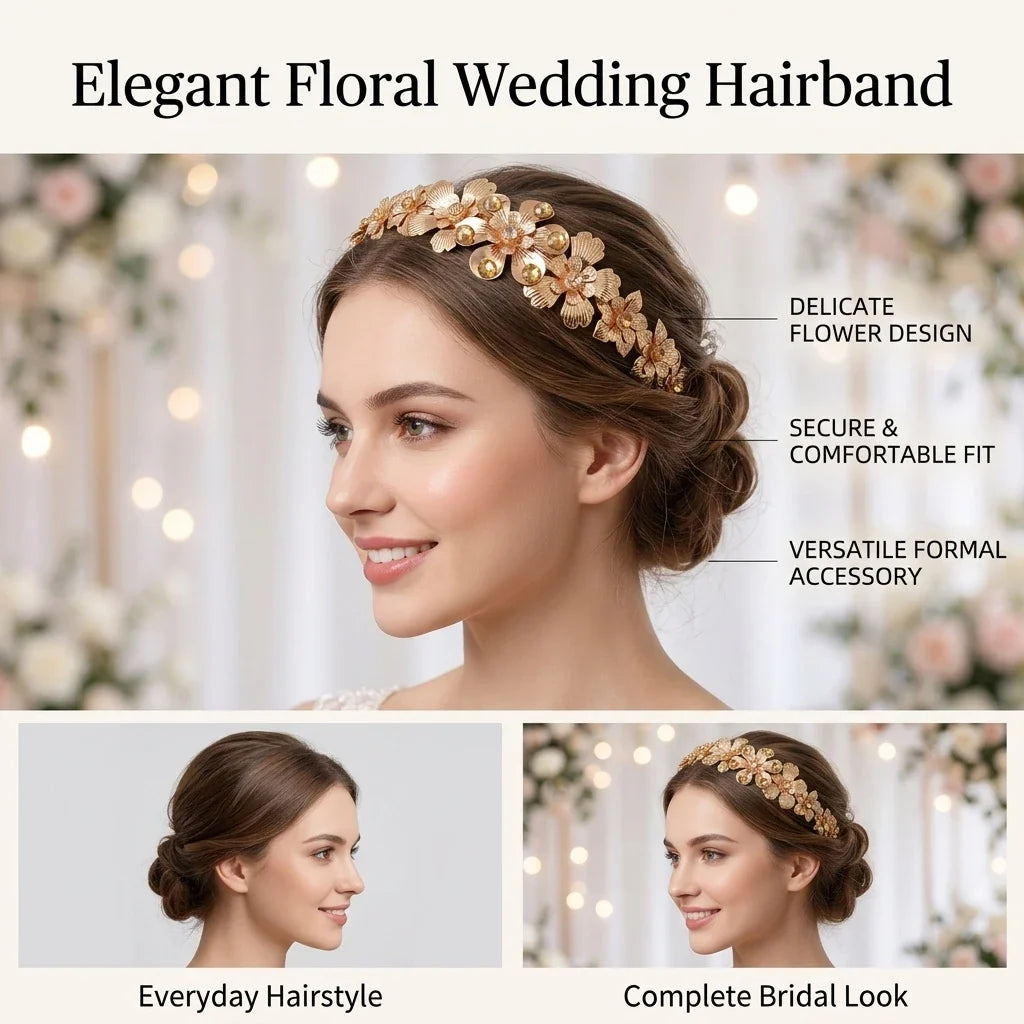 Bridal Floral Metal Leaf Headband | Elegant Wedding Hair Piece