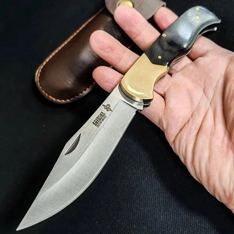 Folding Pocket Knife – Ebony & Brass Handle, Leather Sheath EDC