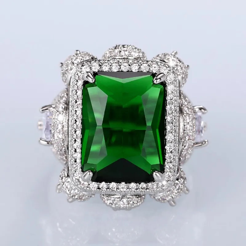 Huitan Green CZ Geometric Ring – Iced Out Silver Statement