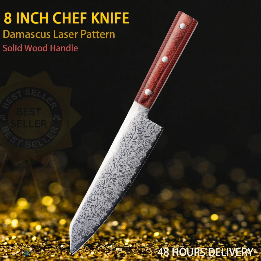 Damascus Steel Chef Knife Set – Japanese Wood Handle | 20cm Blade