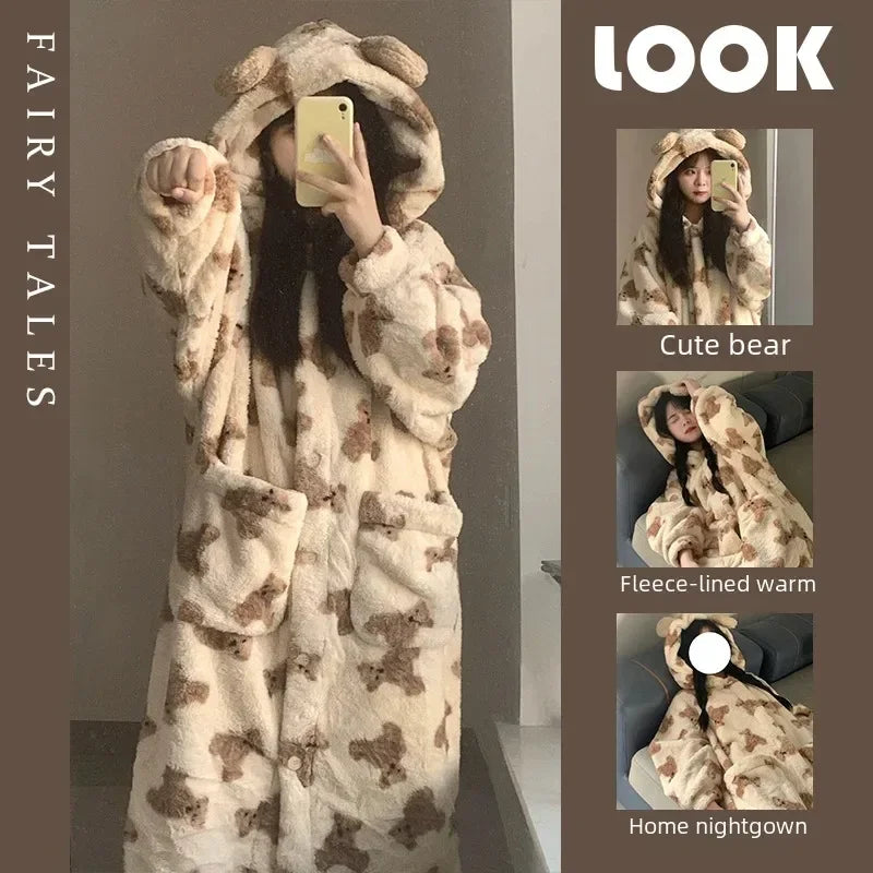Women's Hooded Flannel Pyjama Set – Cute Bear Fluffy Robe