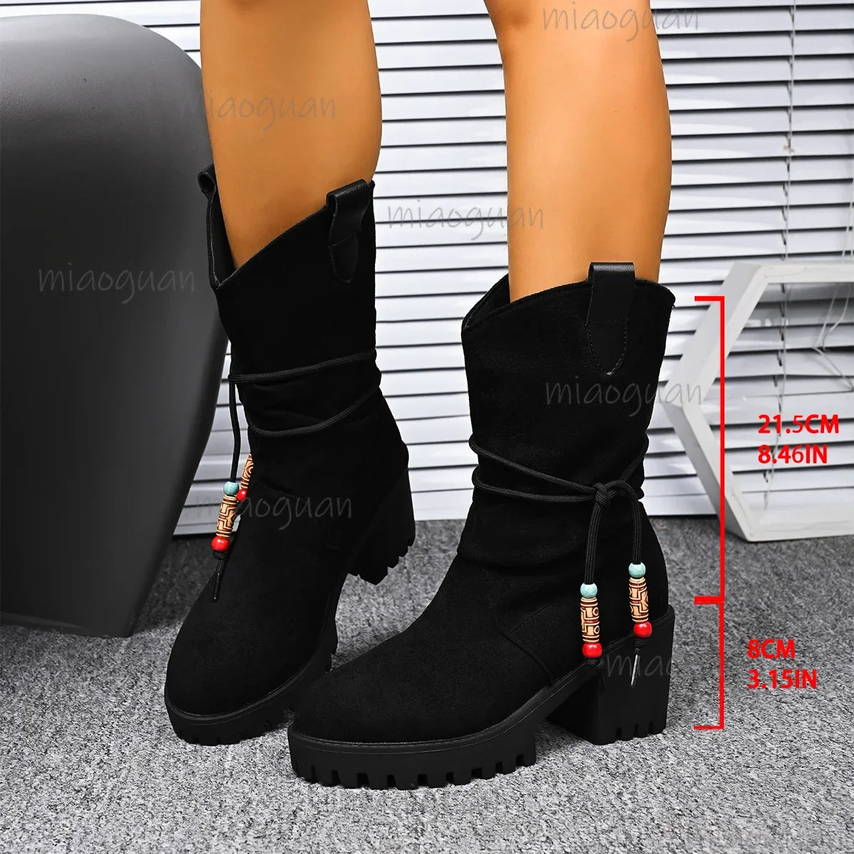 Women's Faux Suede Mid-Calf Boots – Chunky Heel Slip-On