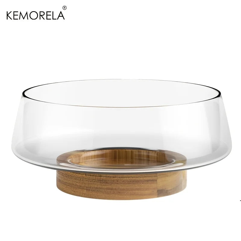 KEMORELA Hand-Blown Glass Salad Bowl Set with Wooden Base