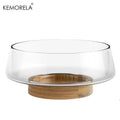 KEMORELA Hand-Blown Glass Salad Bowl Set with Wooden Base