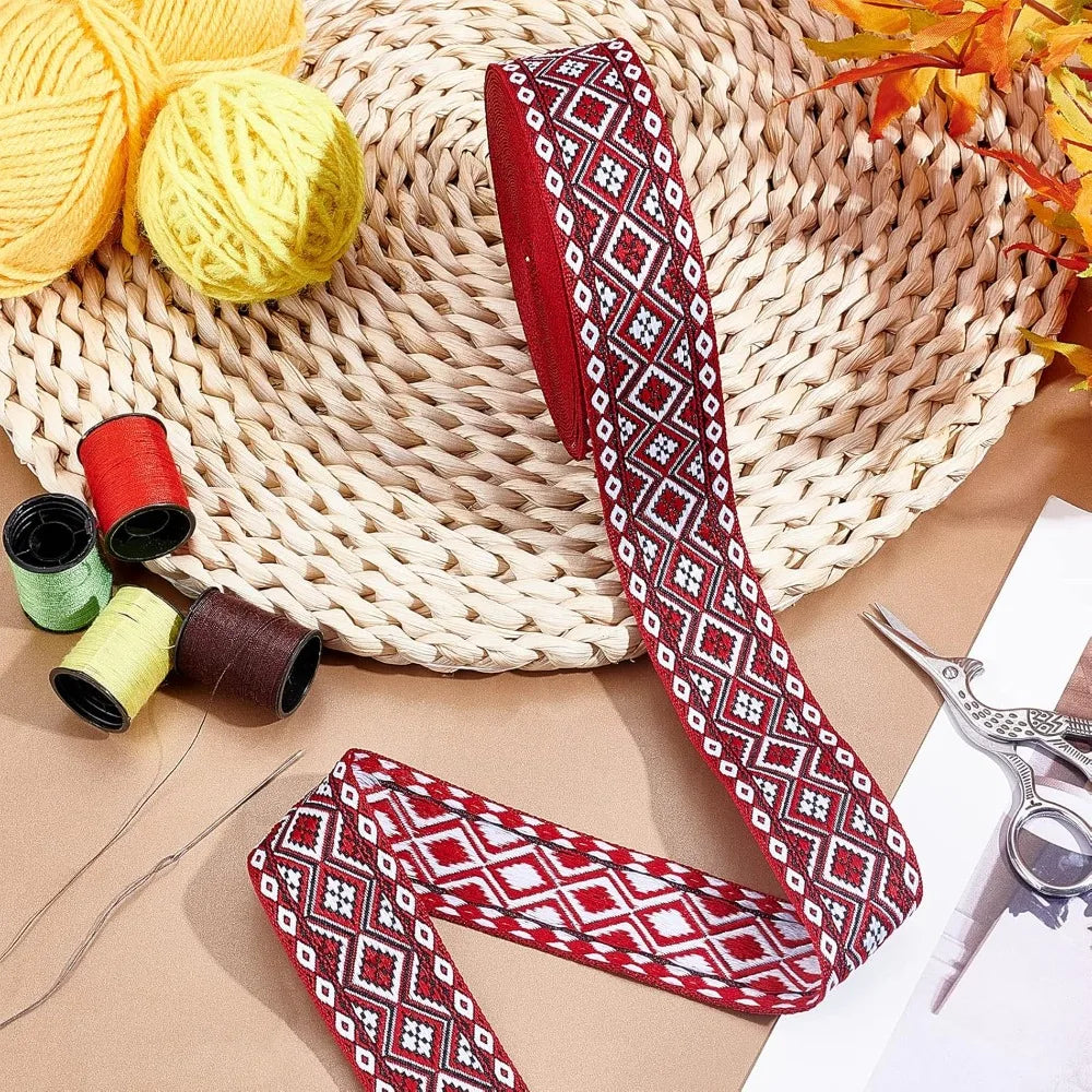 Ethnic Jacquard Ribbon Dark Red Floral 1-1/4" Wide – 10 Yards