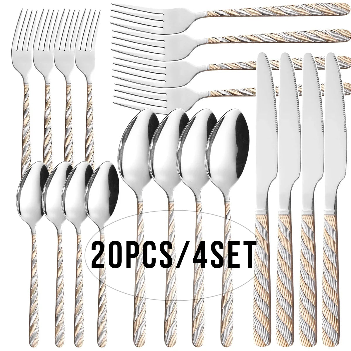 20-Piece Golden Stainless Steel Flatware Set – Knife Fork Spoon