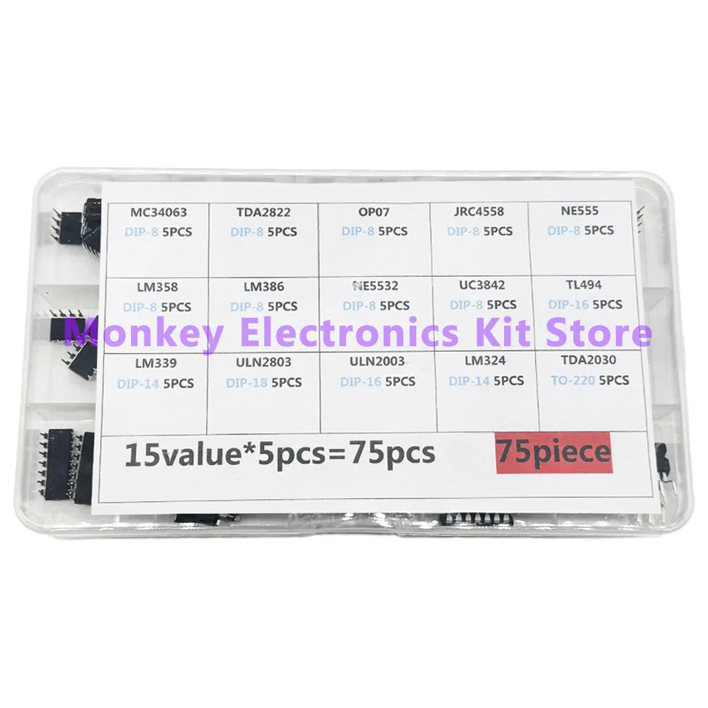 75PCS 15-Value DIP IC Kit – NE555, LM358, LM386 & More
