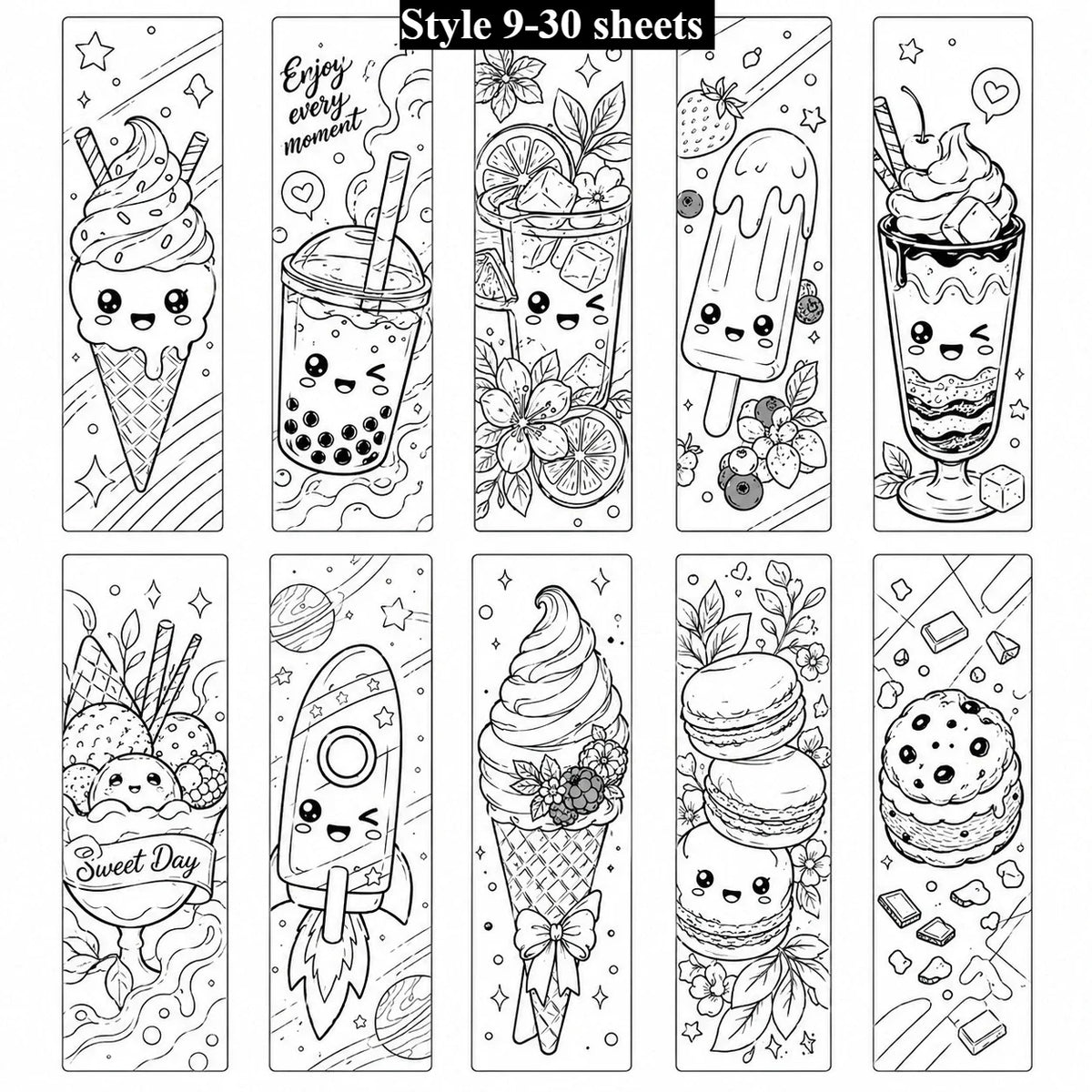 30-Pc Kawaii Summer Beverage DIY Coloring Bookmarks Set