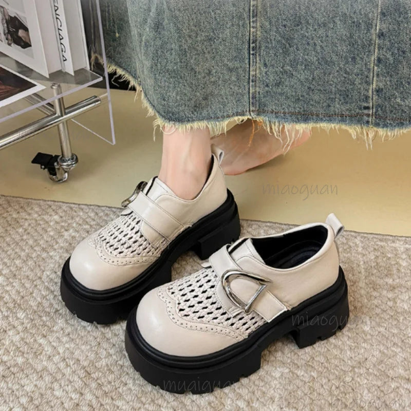 Women's Perforated Platform Wedge Loafers – Retro Buckle Sandal