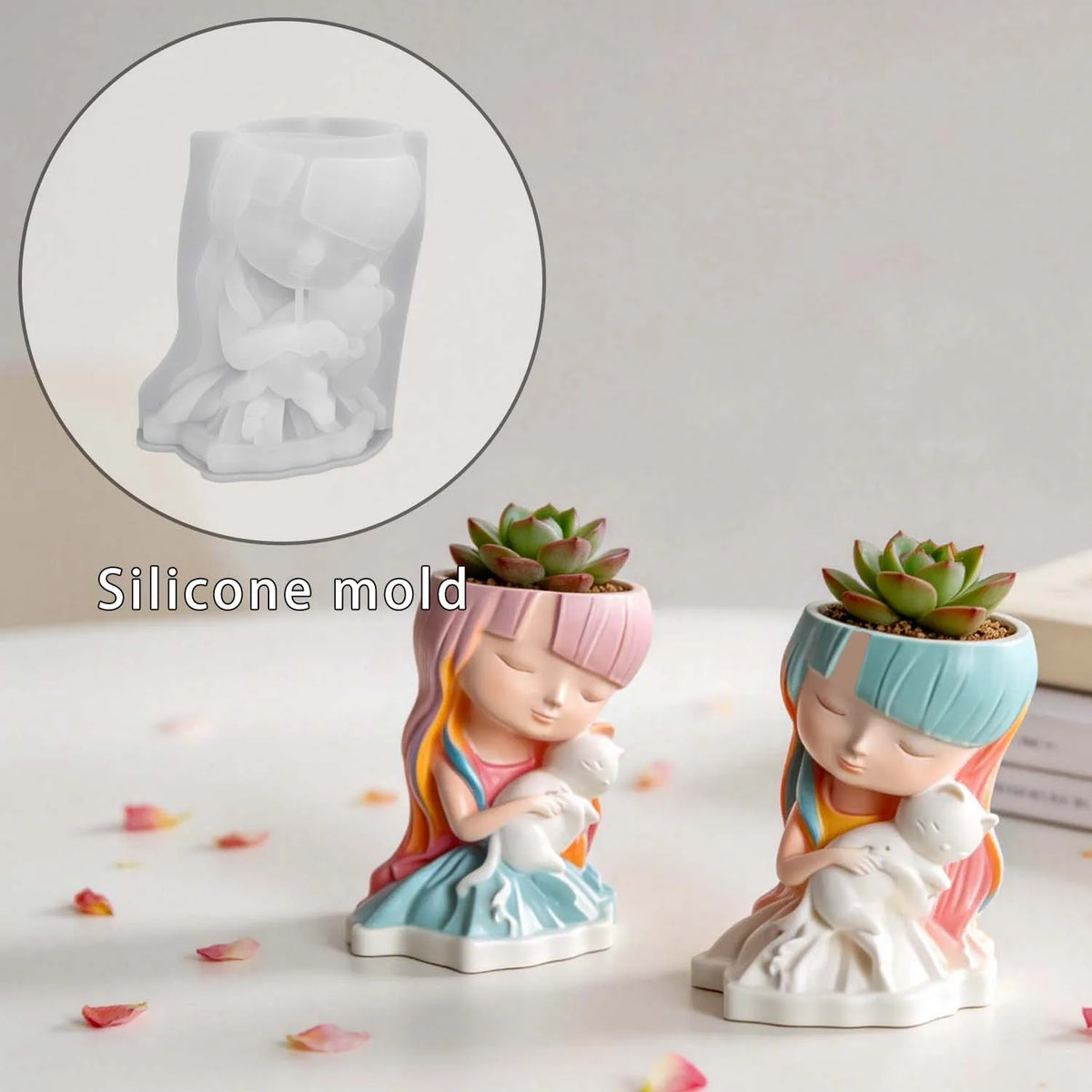 Cat & Girl Flower Pot 3D Silicone Mold | Resin Candle Craft