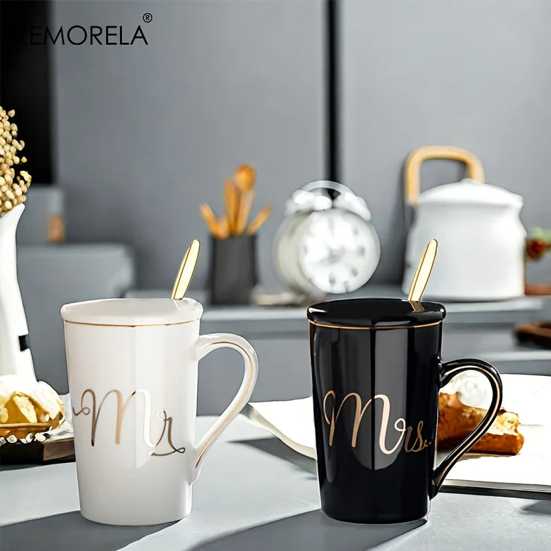 Golden Ceramic Coffee Mug Set with Lids & Spoons 400ml | 2-Pack