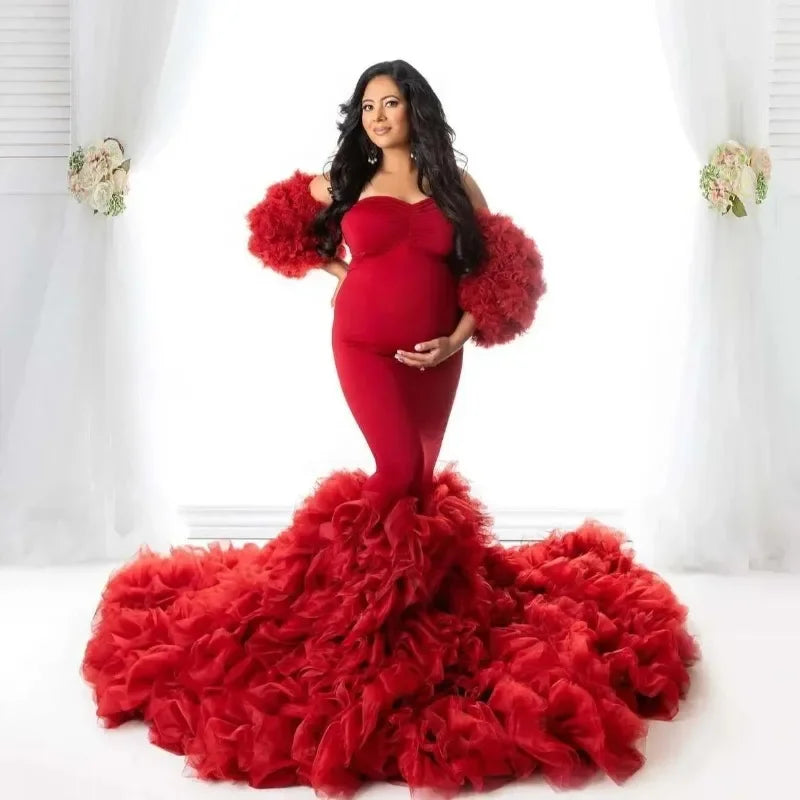 Maternity Tulle Maxi Gown | Ruffle Photoshoot Baby Shower Dress