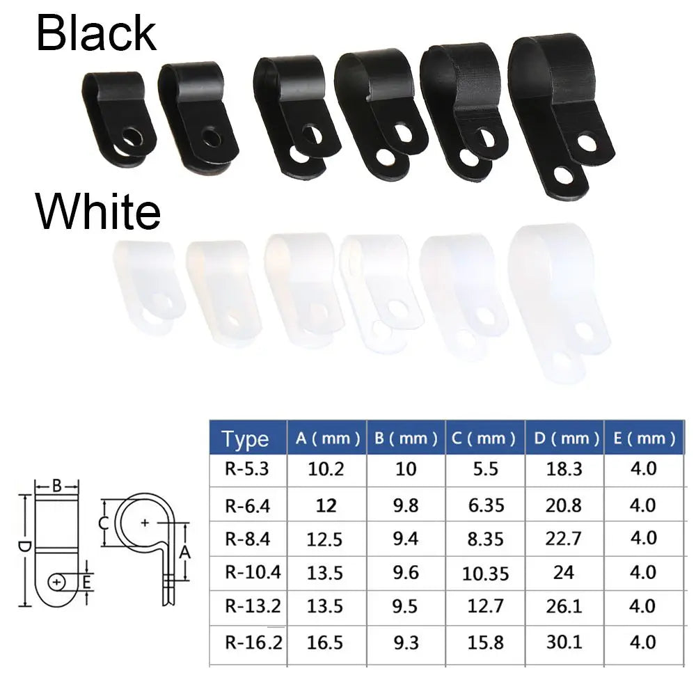 R-type Nylon Cable Clamp Plastic P Clips Black Fasteners Mounting Fix