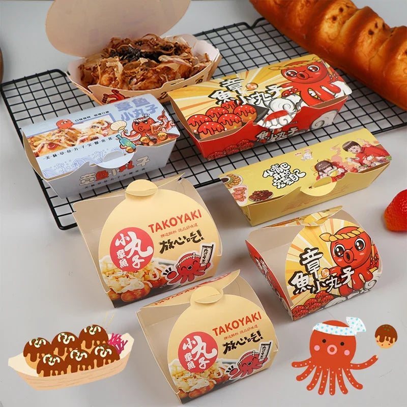 50-Pack Takoyaki Boxes – Disposable Octopus Ball Packaging