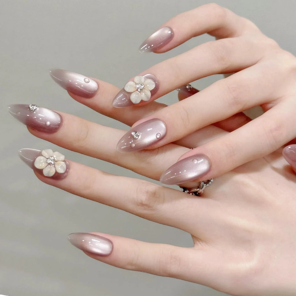 Press-On Nails Embossed Ice Flower Cat's Eye Almond Tips | YADORNOS