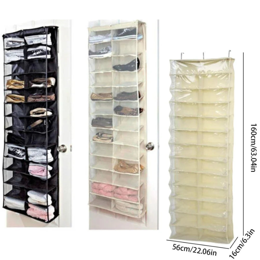 26-Pocket Over-Door Shoe Rack Organizer | Transparent Pockets