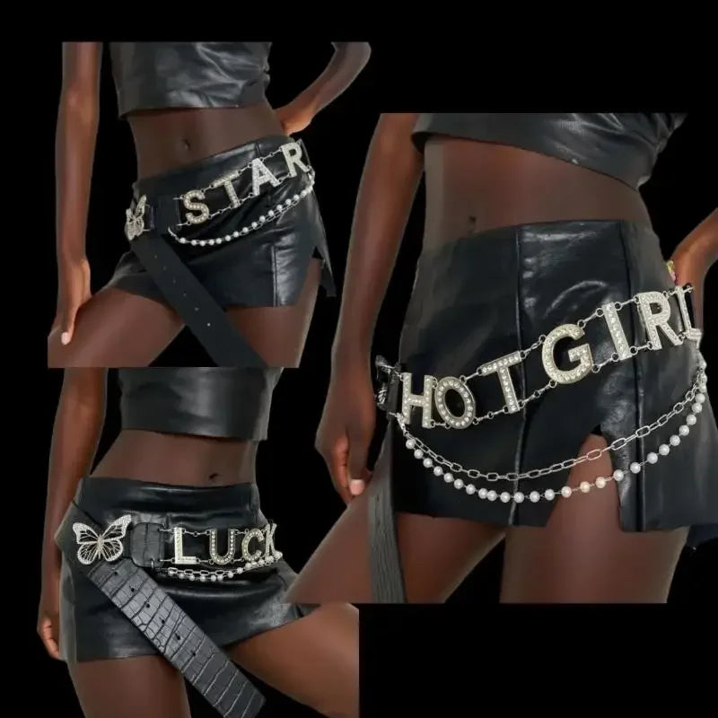 Rhinestone Y2K Letter Belt – PU Butterfly Chain Women's Belt