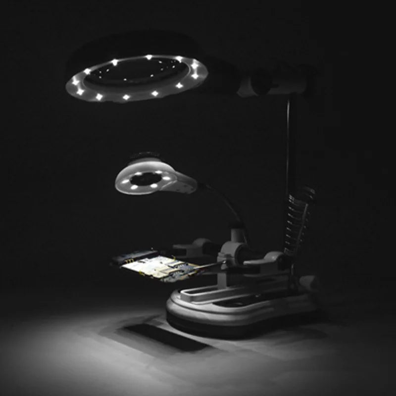 LED Desktop Magnifier & Third Hand Soldering Loupe with Clips