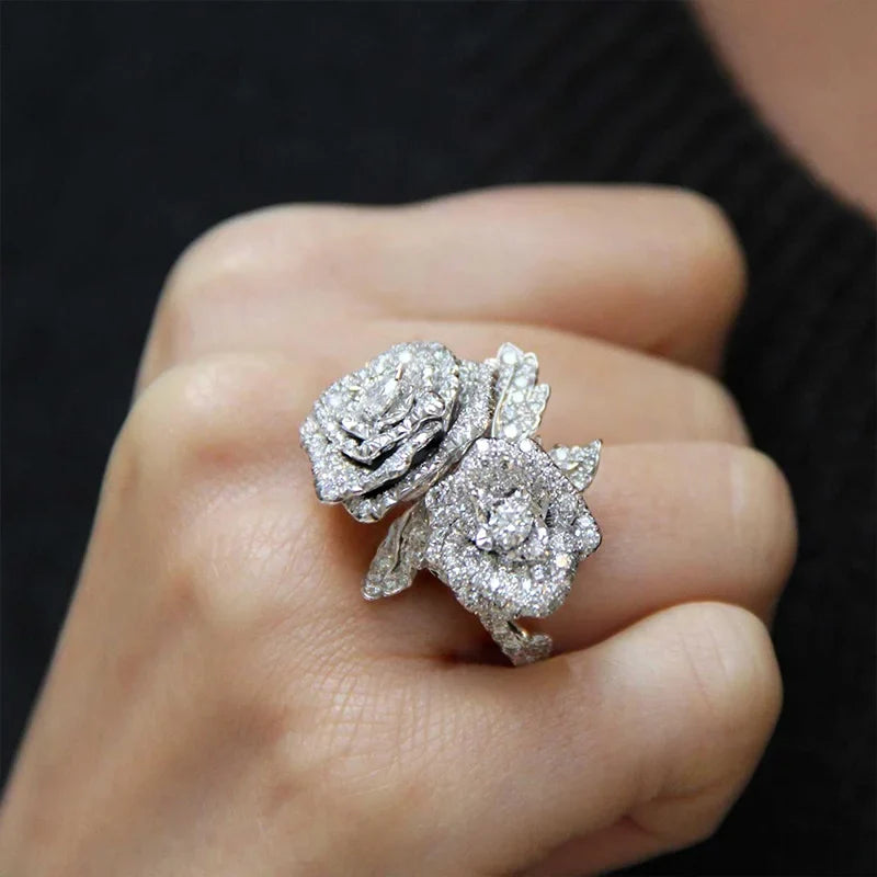 Huitan Rose Flower Ring – Cubic Zirconia Women's Fashion Ring