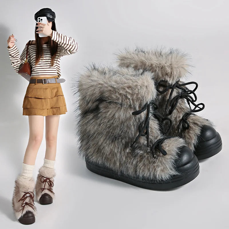 Women's Faux Fur Bow Ankle Snow Boots – Warm Winter Flats