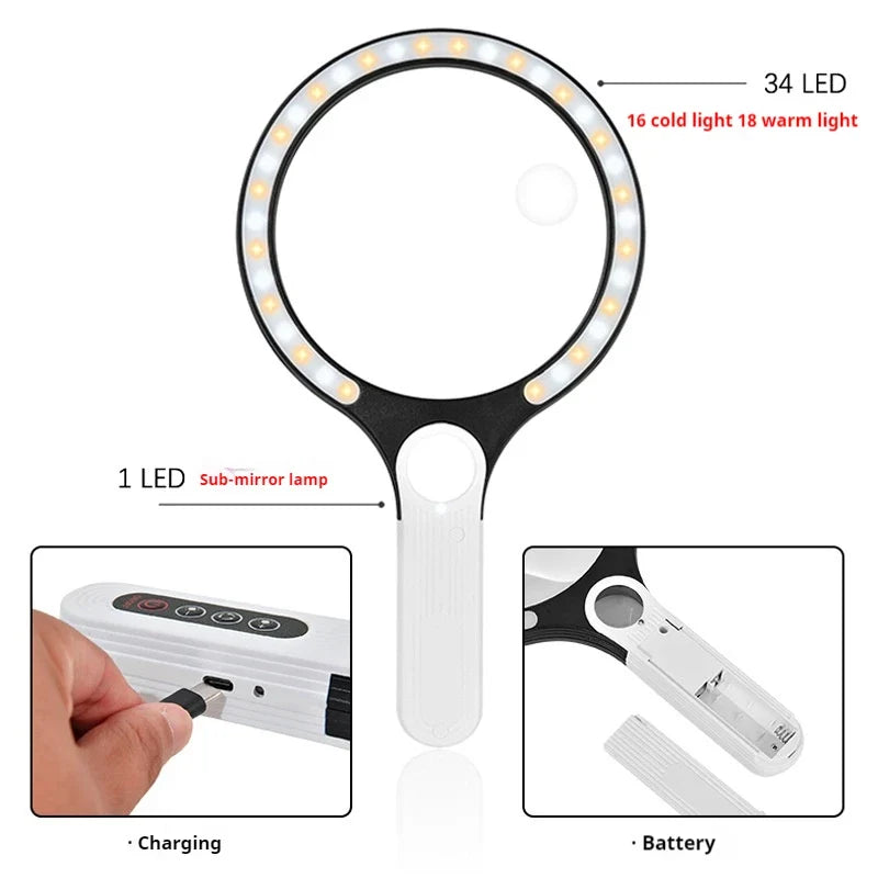 135mm LED Handheld Magnifying Glass – Tri-Color, 5–10x Zoom