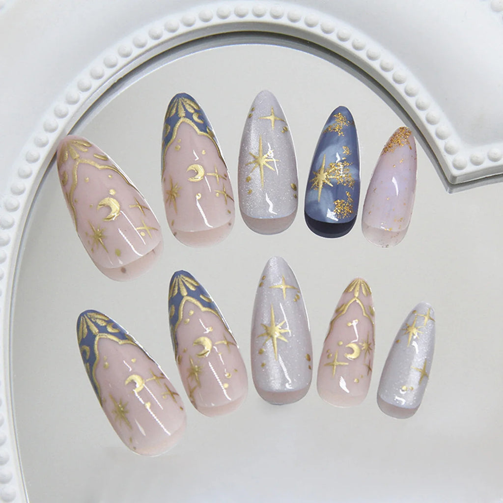24pc French Almond Press On Nails | 3D Star Moon Cat Eye Design
