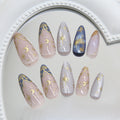 24pc French Almond Press On Nails | 3D Star Moon Cat Eye Design