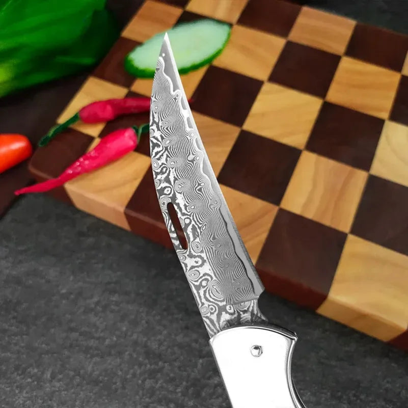 Damascus Steel Folding Knife – Sharp Wood Handle Kitchen Knife