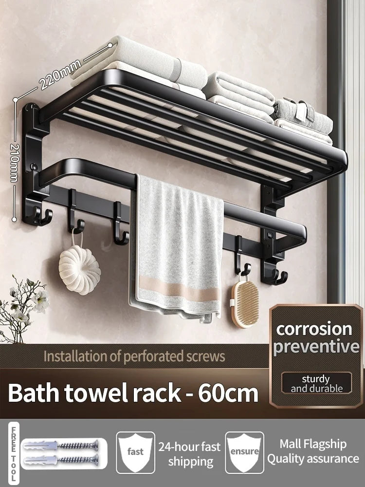 Folding Aluminum Towel Rack with Hook | 50CM & 60CM Grey/Black