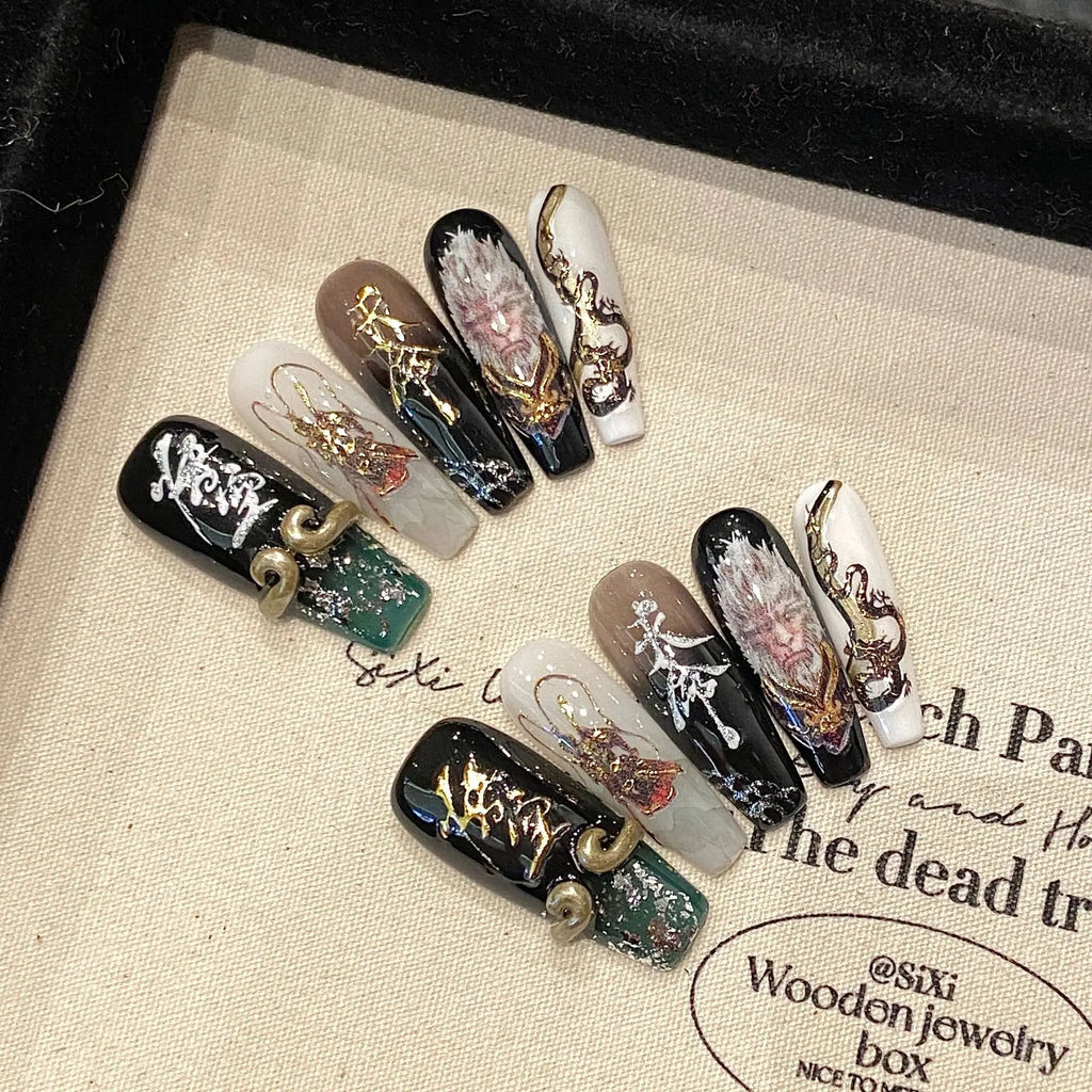 Handmade Wu Kong Monkey Press-On Coffin Nails | 10pc Set