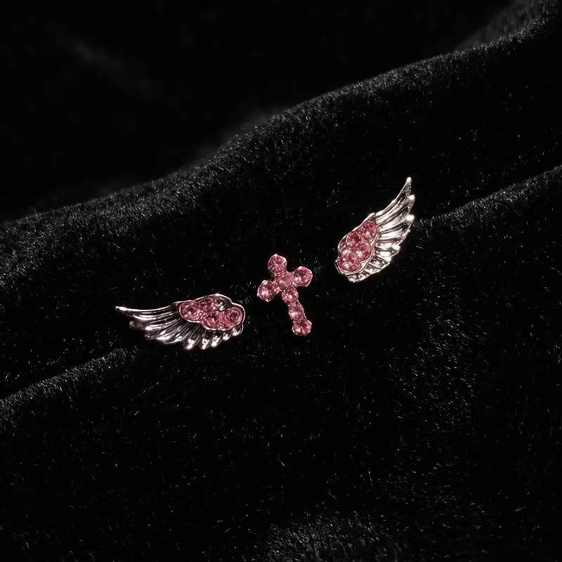 Vintage Punk Pink Zircon Wing Cross Earrings Set 3/4 Pcs