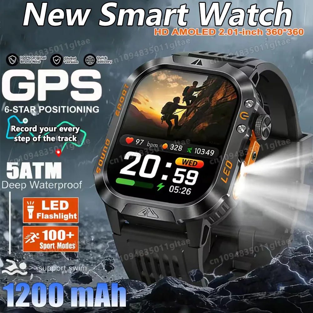 Military Outdoor Smart Watch Men S GPS Tracking Flashlight Bluetooth