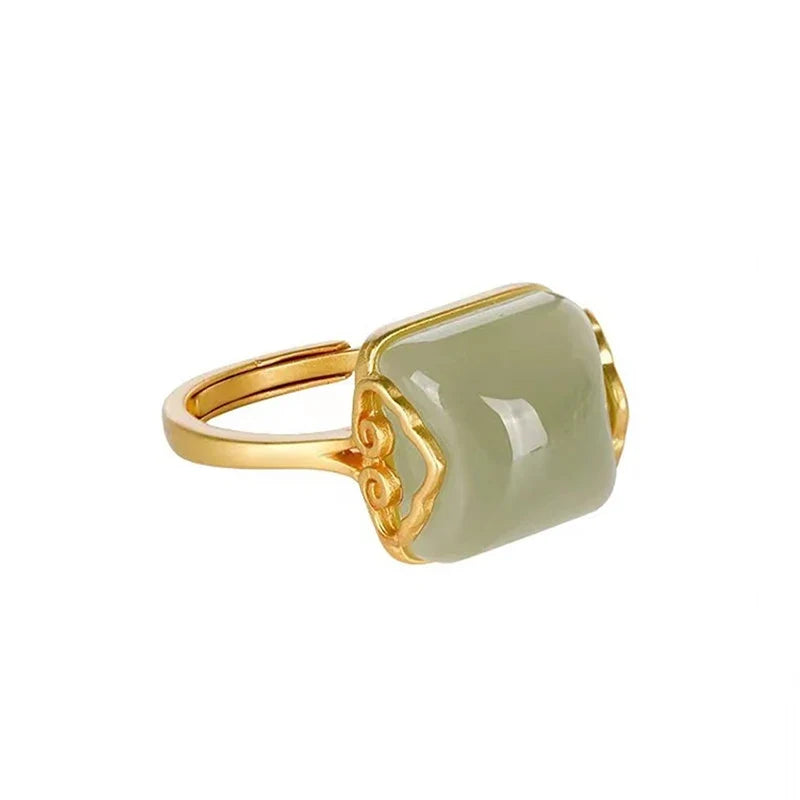 Vintage Auspicious Clouds Imitation Jade Adjustable Ring Women