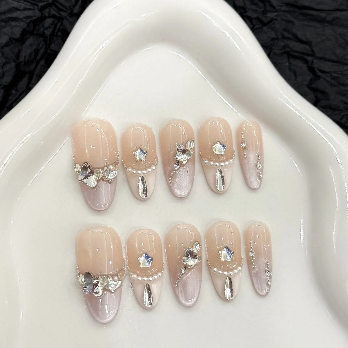 Handmade Press-On Nails 3D Strawberry Flower Aurora | 10 Pcs