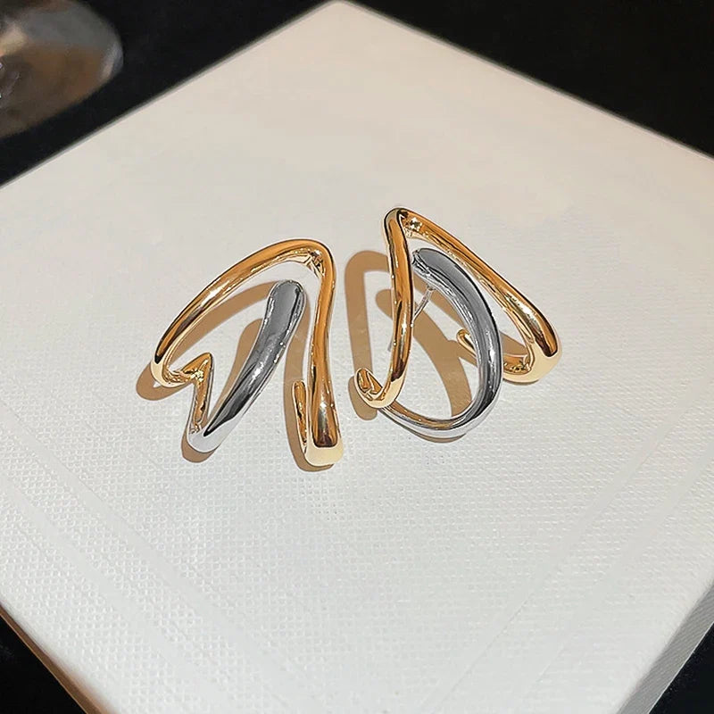 Huitan Two-Tone Metal Stud Earrings | Geometric Fashion Jewelry
