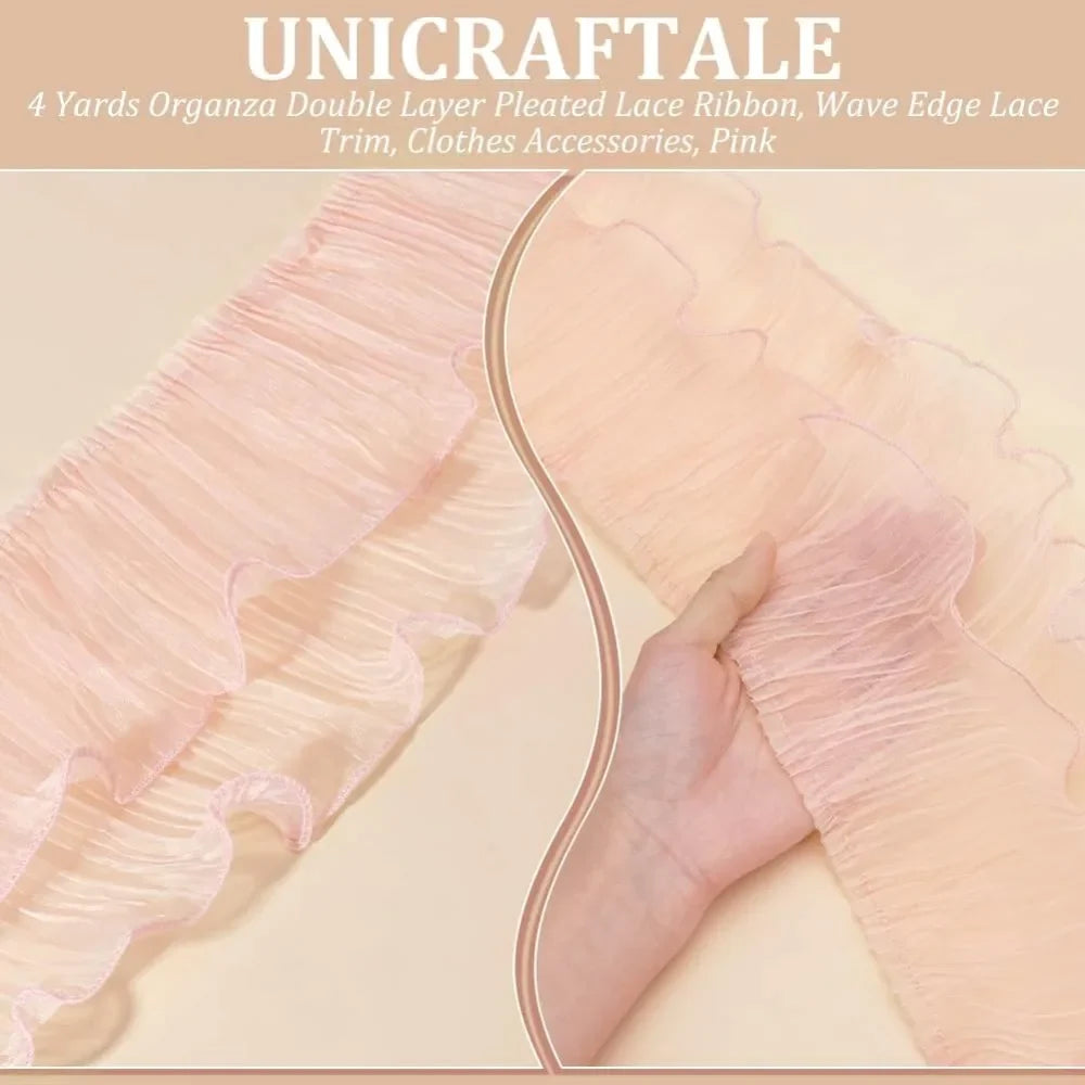 4 Yards Pink Organza Pleated Lace Ribbon Trim 5-1/8 Inch
