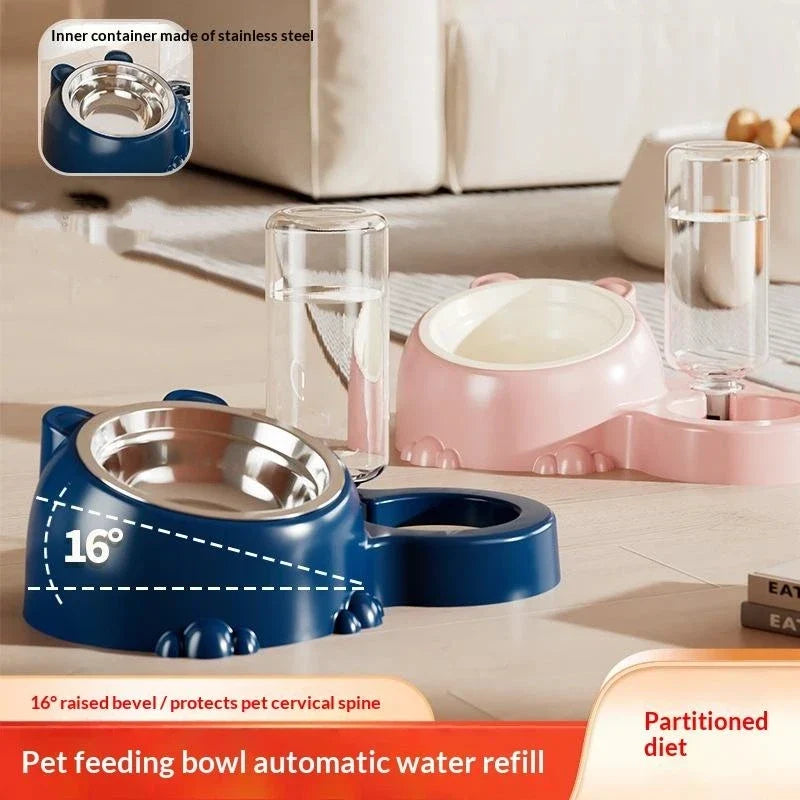2-in-1 Tilted Pet Bowl & Auto Water Dispenser for Cats & Dogs