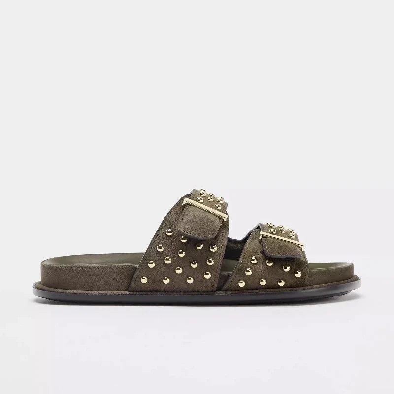 Women's Metal Rivet Flat Sandals – Slip-On Beach Slides