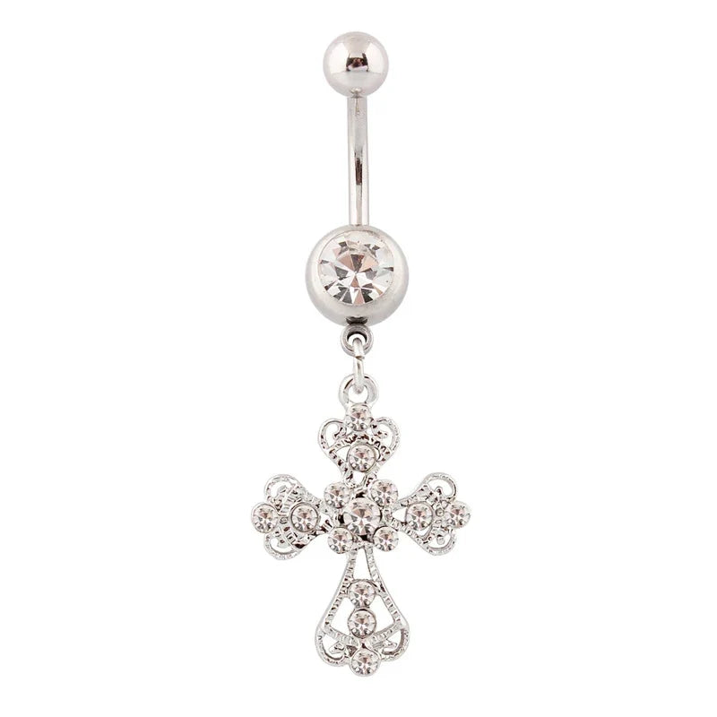 Crystal Rhinestone Cross Belly Button Ring – Stainless Steel