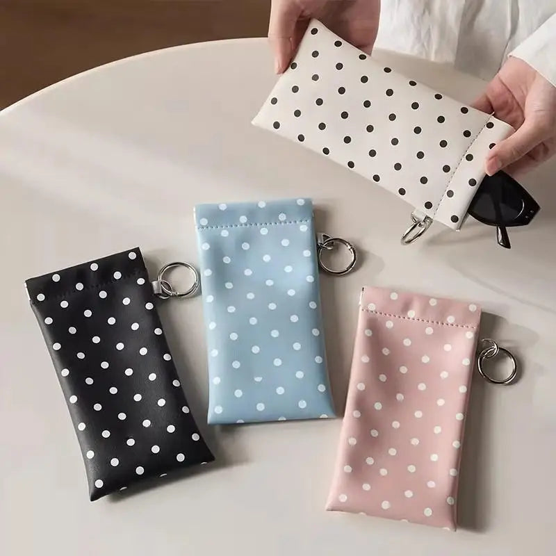 Polka Dot PU Leather Eyeglass Pouch with Keychain | Soft Case