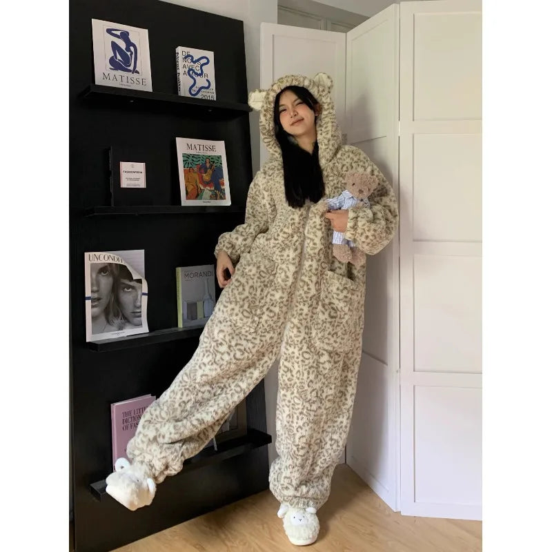 Women's Hooded Leopard Print One-Piece Fleece Pajamas