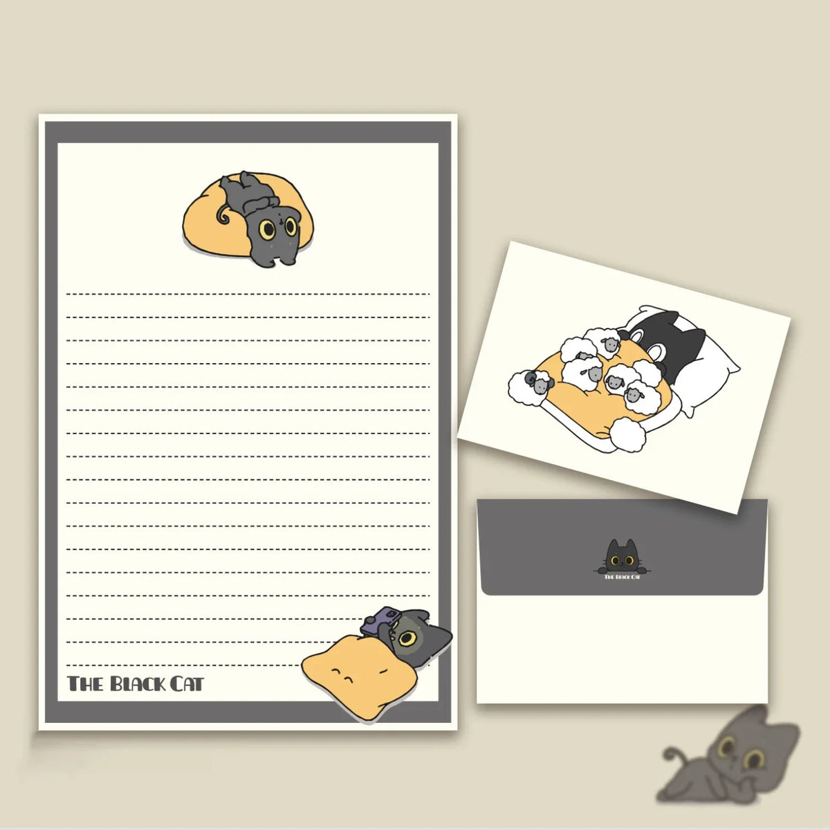Cute Little Black Cat Envelope Paper 4 Sheets Envelopes Suitable