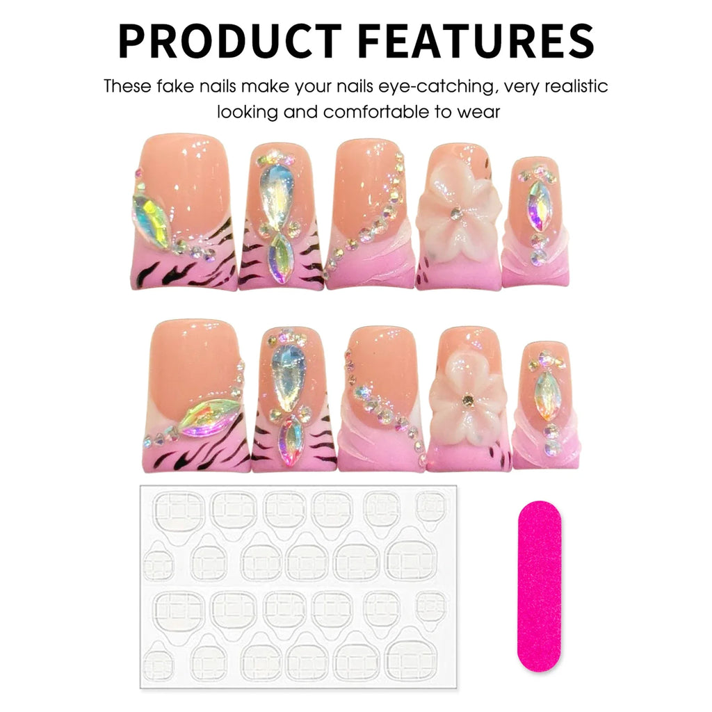 Handmade Press Nails Short Duckbill Fake Pink Gradient Tiger Pattern